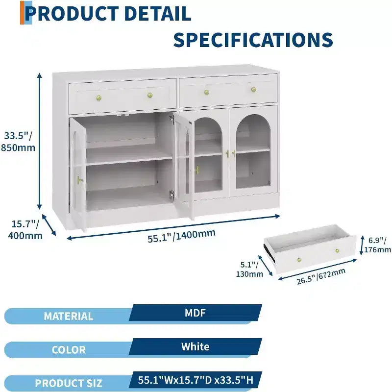 Acekool 55 Farmhouse Buffet Cabinet with Storage, Sideboard Console Table with 2 Drawers & 4 Acrylic Doors for Kitchen, Dining & Living Room, White