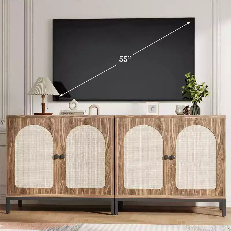 Acekool Lot de 2 bahuts en rotin avec étagères réglables, buffets de rangement style ferme avec portes tissées, marron