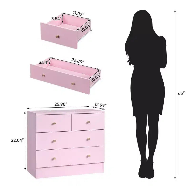 Commode Karl Home à 4 tiroirs en panneaux de particules roses, 66 cm de large