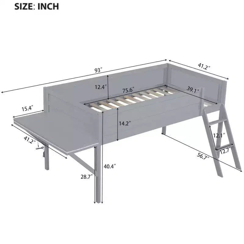 Lit mezzanine double en bois avec bureau et LED, cadre de lit en bois avec plateau en bois pour salle de jeux