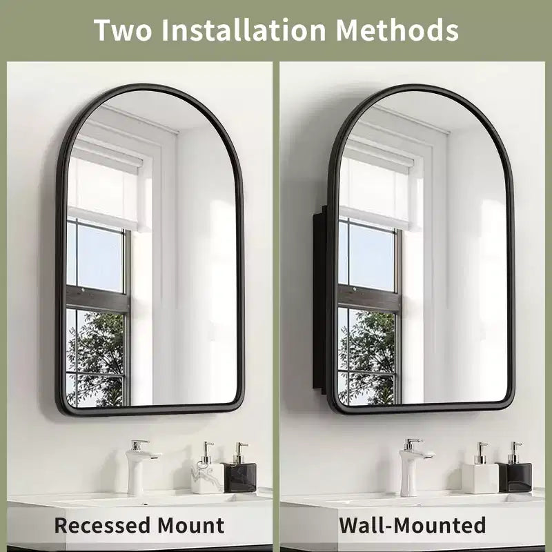 MAYEERTY 24 x 35,8 po Armoires de salle de bain murales modernes en forme d'arche, miroir mural avec rangement à cadre métallique, Noir