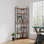 Okak 7-Tier Industrial Coner Shelf, Freestanding L Shaped Bookcase, Display Case for Living Room, Bedroom, Office, Brown