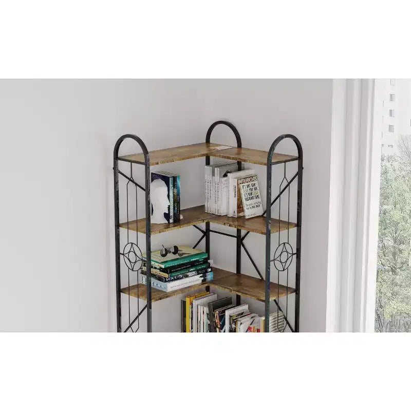 Étagère d'angle industrielle 7 niveaux Okak, bibliothèque autoportante en forme de L, vitrine pour salon, chambre, bureau, marron