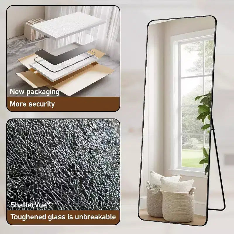 Miroir sur pied de 65 x 24 avec coins arrondis, miroir pleine longueur à poser, à suspendre ou à appuyer pour chambre ou dressing