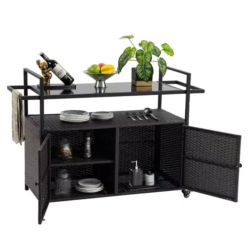 NAYSAYE Chariot de service de bar en osier pour l'extérieur, comptoir à vin et boissons avec plateau en verre pour patio, noir, 51.18*19.69*35.43