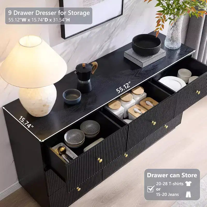 SinCiDo Commode à 9 tiroirs cannelés, commode en bois de 140 cm de large avec rangement profond, organisateur de rangement moderne pour chambre à coucher, salon