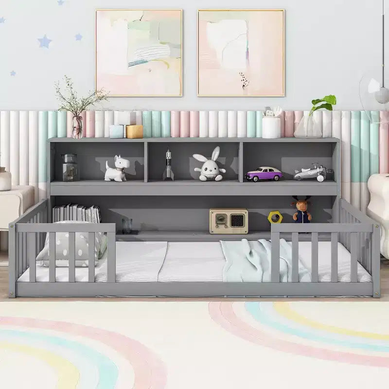 Bellemave Twin Kids Floor Bed with Built-in Storage Bookcase and Guardrails, Grey