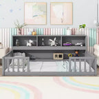 Bellemave Twin Kids Floor Bed with Built-in Storage Bookcase and Guardrails, Grey
