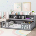 Bellemave Twin Kids Floor Bed with Built-in Storage Bookcase and Guardrails, Grey