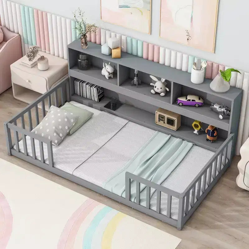 Bellemave Twin Kids Floor Bed with Built-in Storage Bookcase and Guardrails, Grey