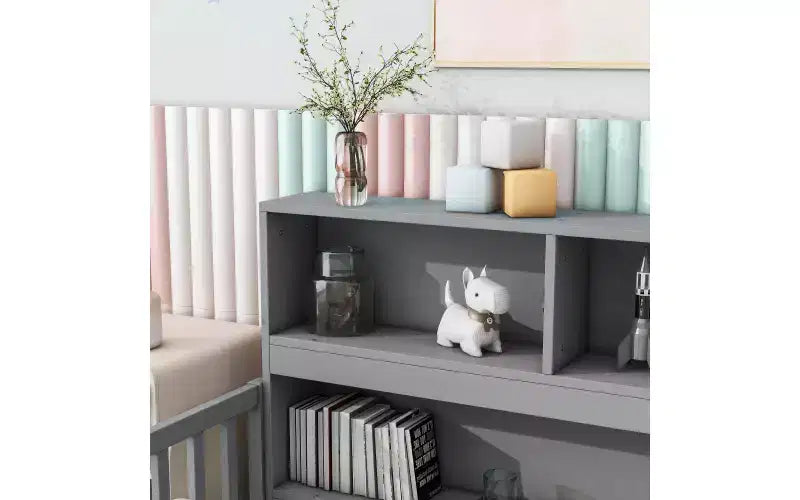 Bellemave Twin Kids Floor Bed with Built-in Storage Bookcase and Guardrails, Grey