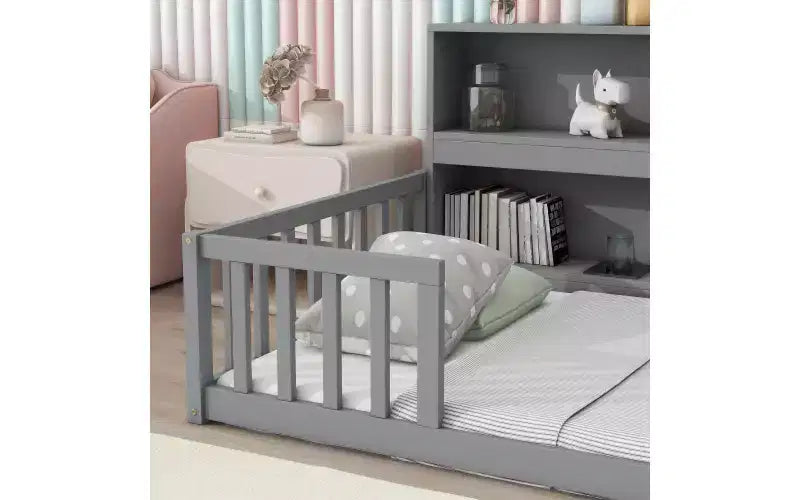 Bellemave Twin Kids Floor Bed with Built-in Storage Bookcase and Guardrails, Grey