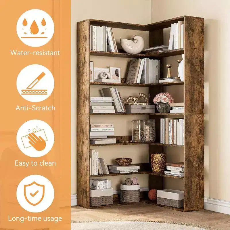 Coolmee Étagère d'angle industrielle à 6 niveaux, bibliothèque en forme de L avec déflecteurs et étagères, grande unité de rangement pour salon, bureau à domicile
