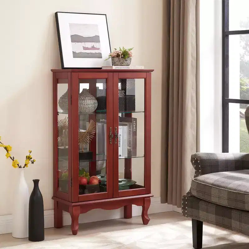 Elegant 2-Door Curio Cabinet with Tempered Glass Doors, Mirrored Back Panel, and Adjustable Shelves - Lighted Display Cabinet for Home
