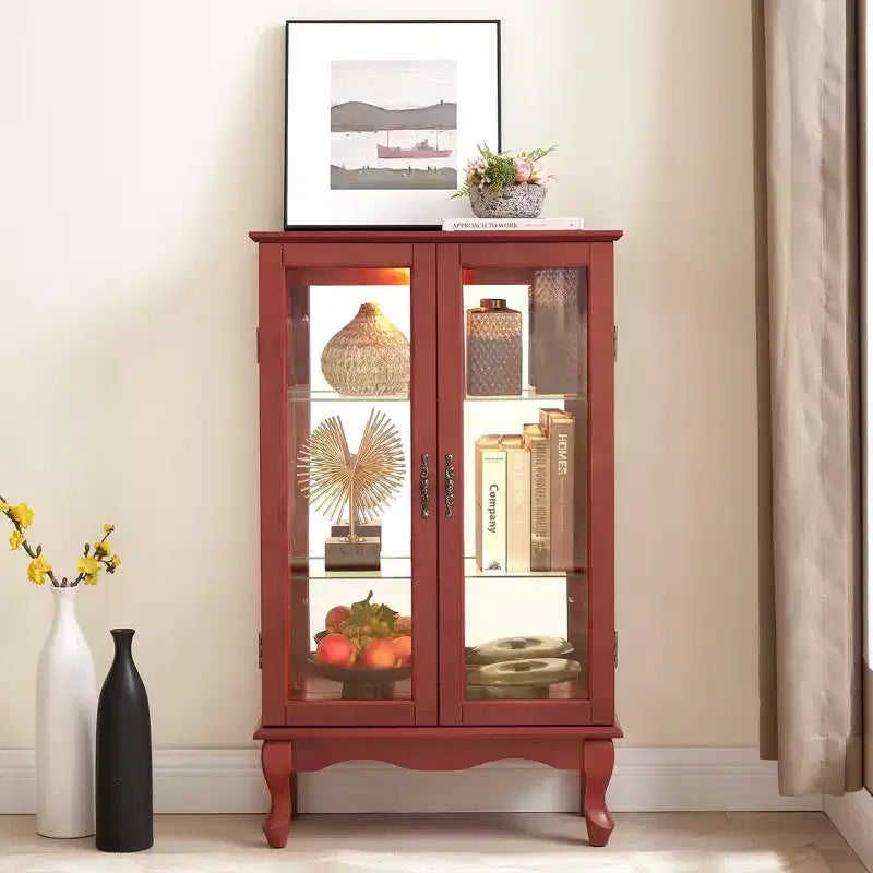 Elegant 2-Door Curio Cabinet with Tempered Glass Doors, Mirrored Back Panel, and Adjustable Shelves - Lighted Display Cabinet for Home