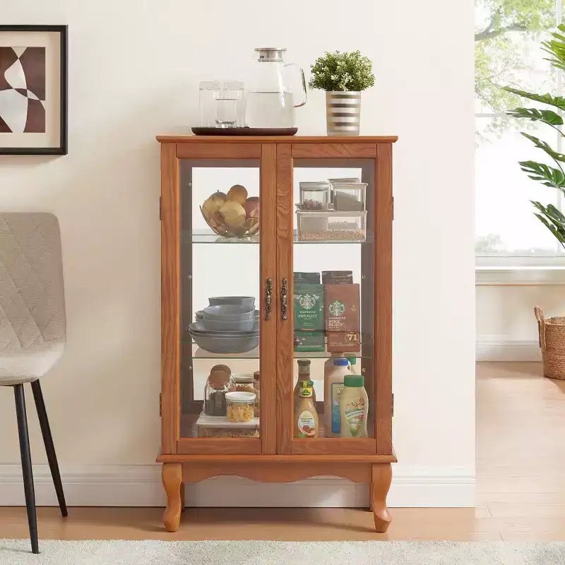 Elegant 2-Door Curio Cabinet with Tempered Glass Doors, Mirrored Back Panel, and Adjustable Shelves - Lighted Display Cabinet for Home