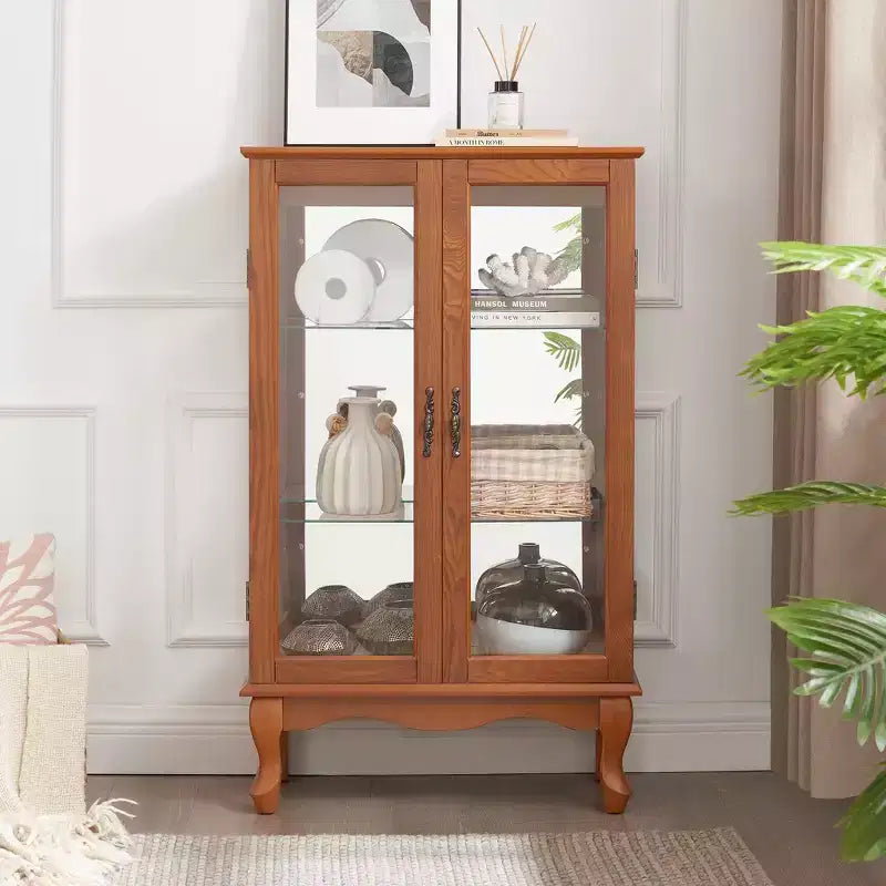 Elegant 2-Door Curio Cabinet with Tempered Glass Doors, Mirrored Back Panel, and Adjustable Shelves - Lighted Display Cabinet for Home