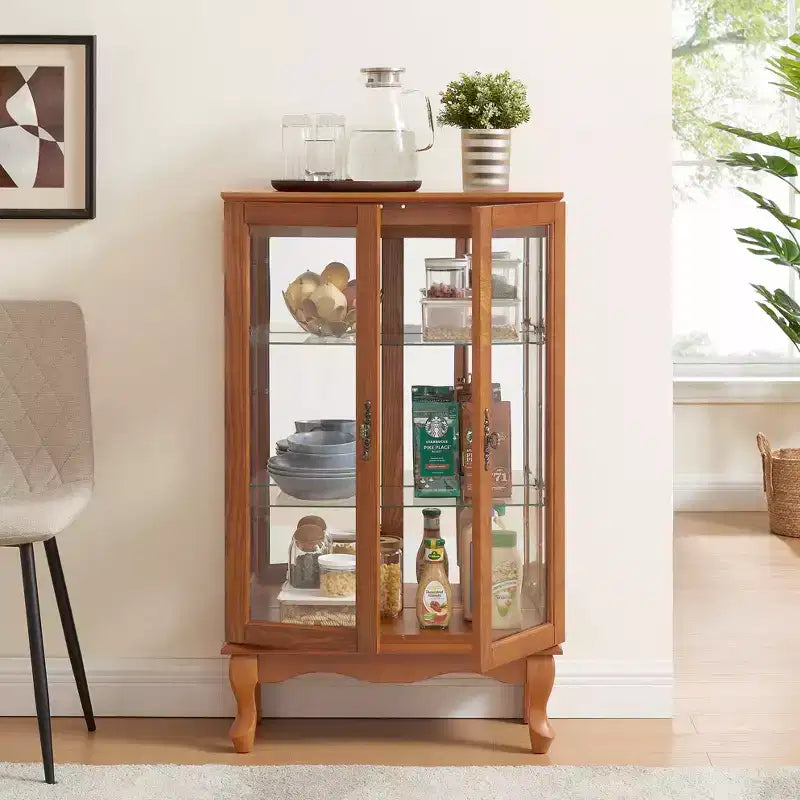 Elegant 2-Door Curio Cabinet with Tempered Glass Doors, Mirrored Back Panel, and Adjustable Shelves - Lighted Display Cabinet for Home
