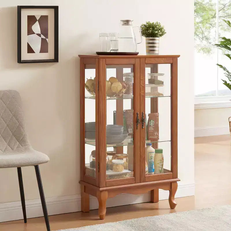 Elegant 2-Door Curio Cabinet with Tempered Glass Doors, Mirrored Back Panel, and Adjustable Shelves - Lighted Display Cabinet for Home