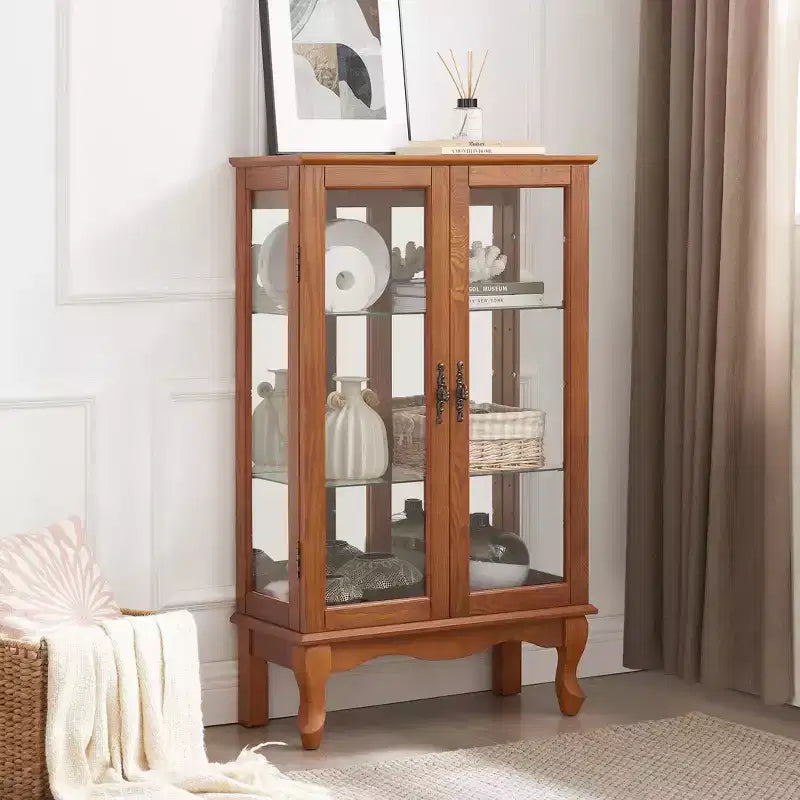Elegant 2-Door Curio Cabinet with Tempered Glass Doors, Mirrored Back Panel, and Adjustable Shelves - Lighted Display Cabinet for Home