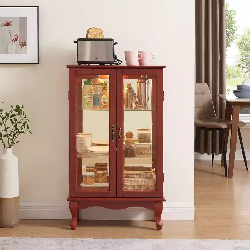 Elegant 2-Door Curio Cabinet with Tempered Glass Doors, Mirrored Back Panel, and Adjustable Shelves - Lighted Display Cabinet for Home