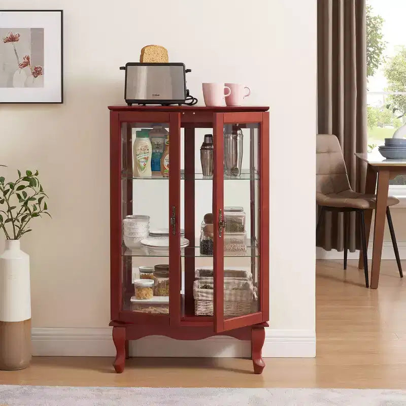 Elegant 2-Door Curio Cabinet with Tempered Glass Doors, Mirrored Back Panel, and Adjustable Shelves - Lighted Display Cabinet for Home