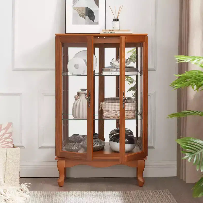 Elegant 2-Door Curio Cabinet with Tempered Glass Doors, Mirrored Back Panel, and Adjustable Shelves - Lighted Display Cabinet for Home