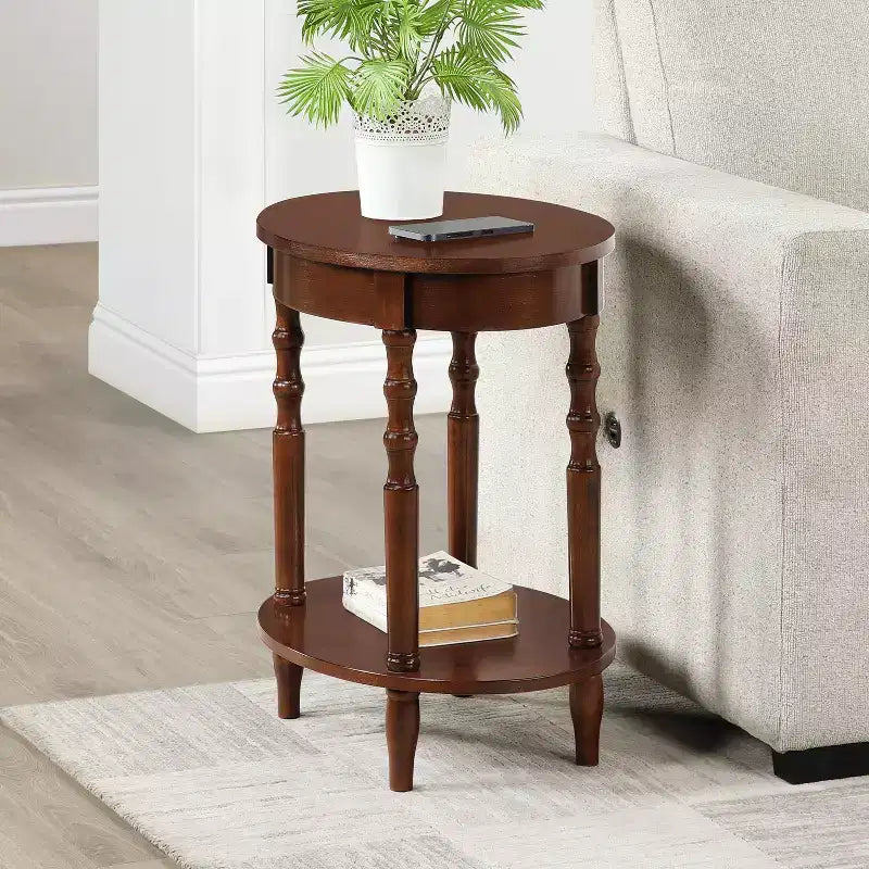 HomeStock Belmont Oval End Table with Shelf Two-Tier Display Storage Solid Wood Legs Veneer Finish Versatile Nightstand Accent Piece