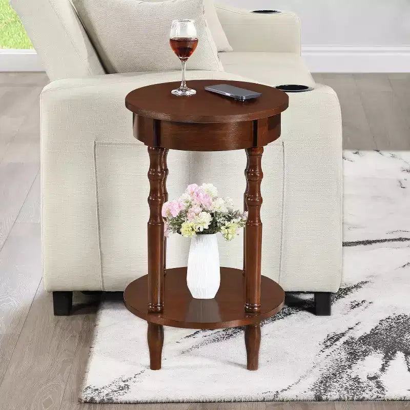 HomeStock Belmont Oval End Table with Shelf Two-Tier Display Storage Solid Wood Legs Veneer Finish Versatile Nightstand Accent Piece