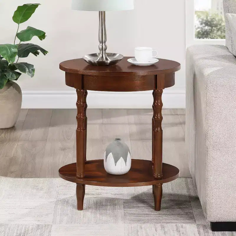 HomeStock Belmont Oval End Table with Shelf Two-Tier Display Storage Solid Wood Legs Veneer Finish Versatile Nightstand Accent Piece
