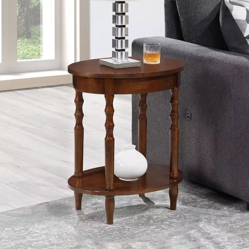 HomeStock Belmont Oval End Table with Shelf Two-Tier Display Storage Solid Wood Legs Veneer Finish Versatile Nightstand Accent Piece