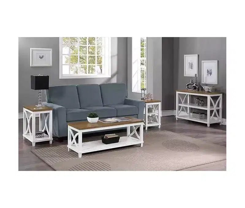 Table d'appoint Belmont HomeStock avec étagères Design en X d'inspiration italienne Rangement à deux niveaux Bois d'hévéa massif avec placage de chêne Table d'appoint