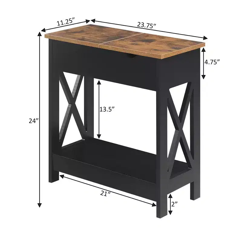 Table d'appoint relevable HomeStock Belmont avec station de charge et étagère, finition bicolore, table de chevet moderne avec rangement et présentoir cachés