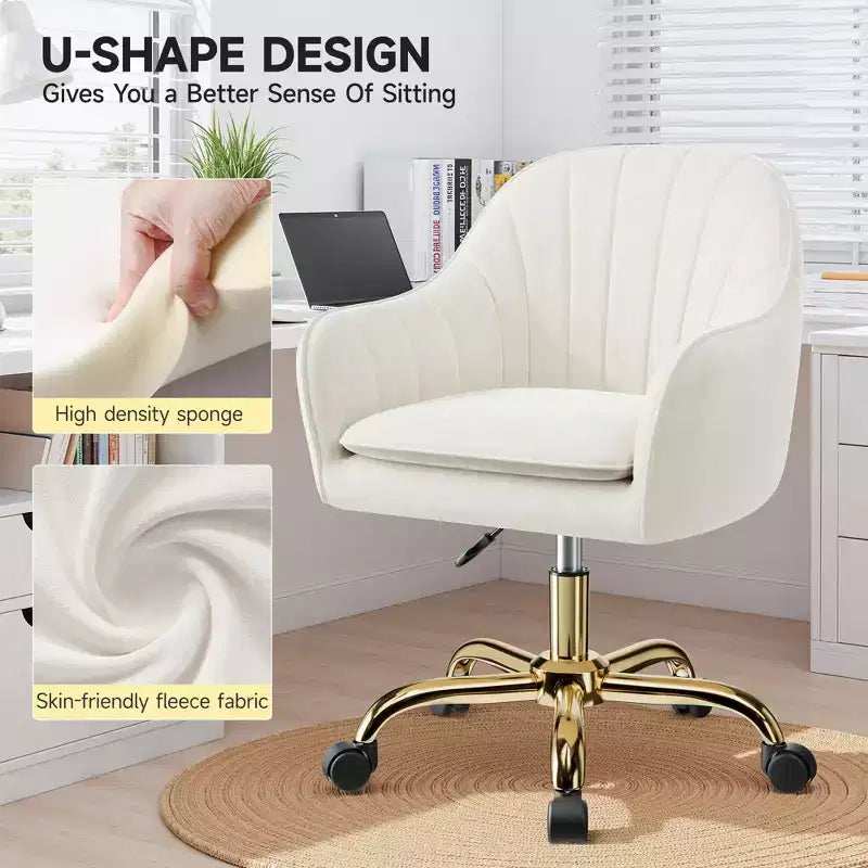 Chaise de bureau en velours KERDOM pour bureau à domicile, chaise d'ordinateur pivotante à 360° réglable en hauteur, beige
