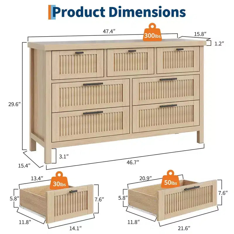 Commode cannelée à 7 tiroirs, commode haute de 114 cm, 7 tiroirs de commode, commode en bois avec rangement pour vêtements, armoire de rangement pour salon ou chambre à coucher