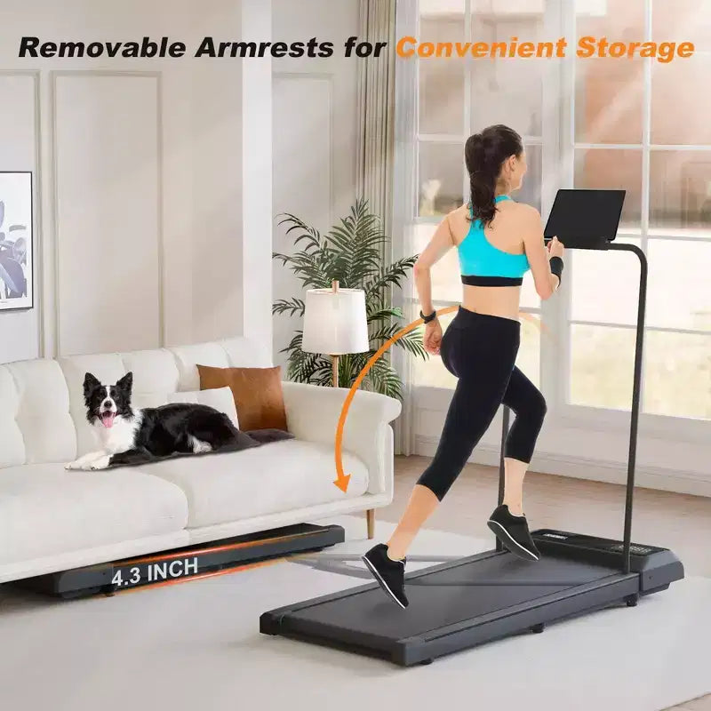 Tapis de course pliant portable NAYSAYE sous le bureau avec accoudoirs amovibles, bande de roulement amortie, grande surface pour la maison et le bureau
