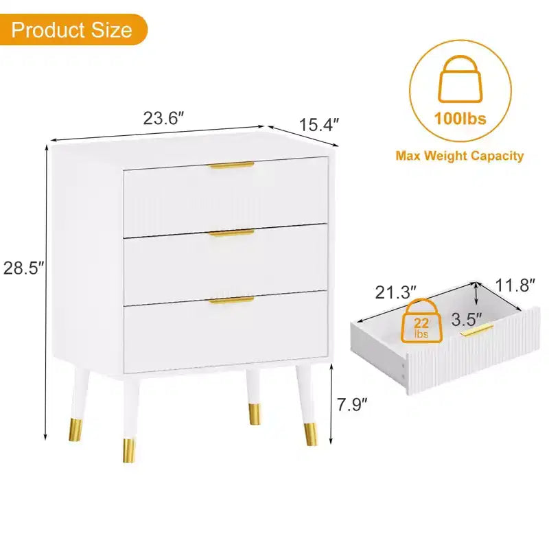 Commode à 3 tiroirs cannelés COZONY, commode de rangement moderne pour chambre à coucher avec cadre en bois, table de chevet compacte pour chambre à coucher et salon