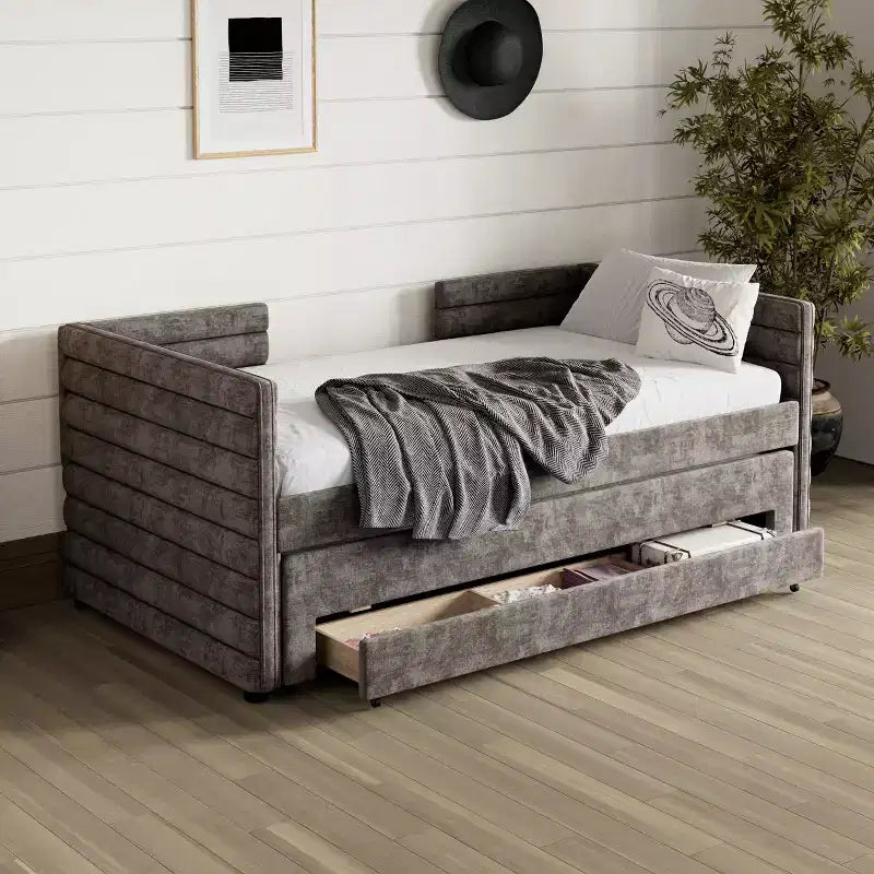 GDFStudio Alston Lit de repos double capitonné avec lit gigogne et tiroirs de rangement