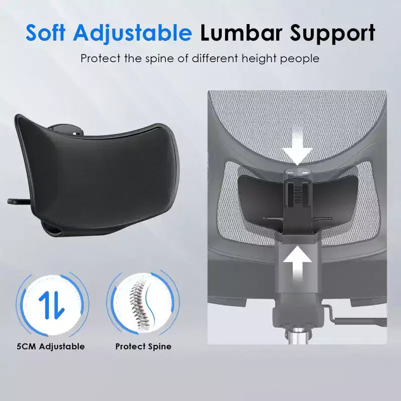 Chaise de bureau ergonomique Okak, chaise de bureau en maille avec appui-tête, support lombaire et accoudoirs réglables, chaise de jeu à dossier haut pour le bureau, la maison