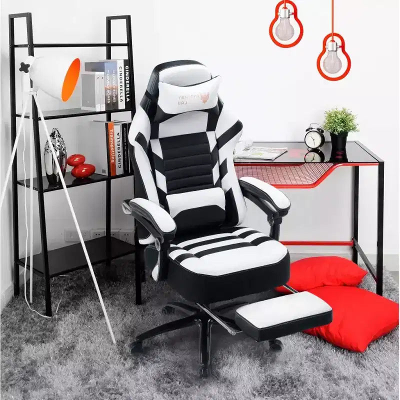Okak High-Back Gaming Chair, Ergonomic Office Chair with Foldable Footrest, Height-Adjustable Comfy Chair for Study, Gaming Room