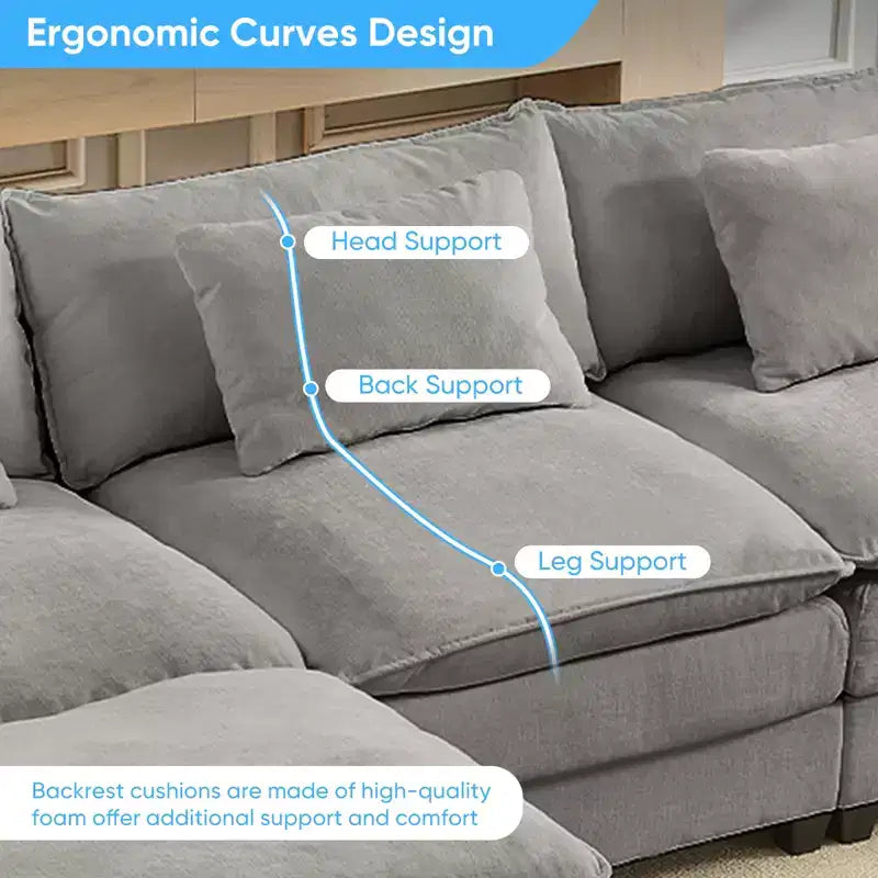 Mjkone Canapé modulaire surdimensionné de 396 cm, en forme de U avec 2 poufs, canapé 6 places en chenille avec assise profonde