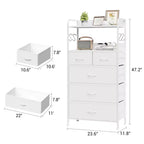 Commode à 5 tiroirs, Commode haute pour chambre à coucher, Organiseur de rangement avec bacs en tissu, Plateau en bois, Cadre en acier robuste, Poignée facile à tirer, Couloir, Blanc