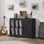 Record Player Stand with Vinyl Storage, Farmhouse Turntable Cabinet with Door, Vinyl Display Holder Shelves, Wooden Storage for Living Room, Black