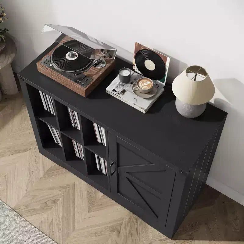 Meuble pour tourne-disque avec rangement pour vinyles, Meuble de platine de style ferme avec porte, Étagères de rangement pour vinyles, Meuble de rangement en bois pour salon, Noir