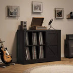 Meuble pour tourne-disque avec rangement pour vinyles, Meuble de platine de style ferme avec porte, Étagères de rangement pour vinyles, Meuble de rangement en bois pour salon, Noir