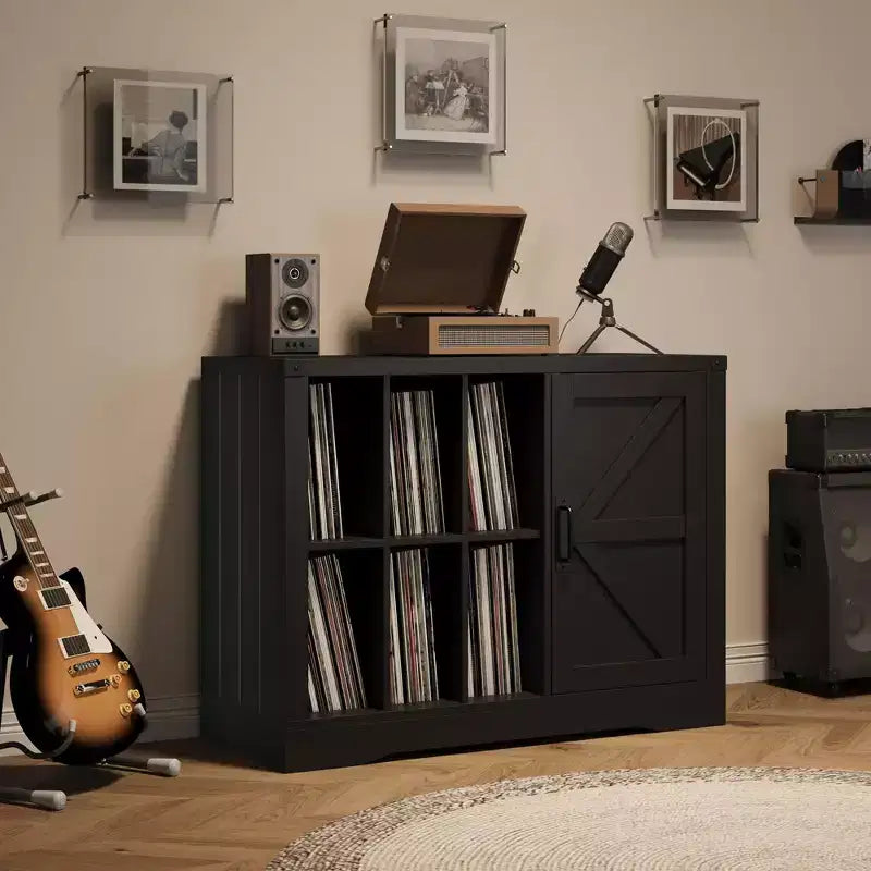 Meuble pour tourne-disque avec rangement pour vinyles, Meuble de platine de style ferme avec porte, Étagères de rangement pour vinyles, Meuble de rangement en bois pour salon, Noir