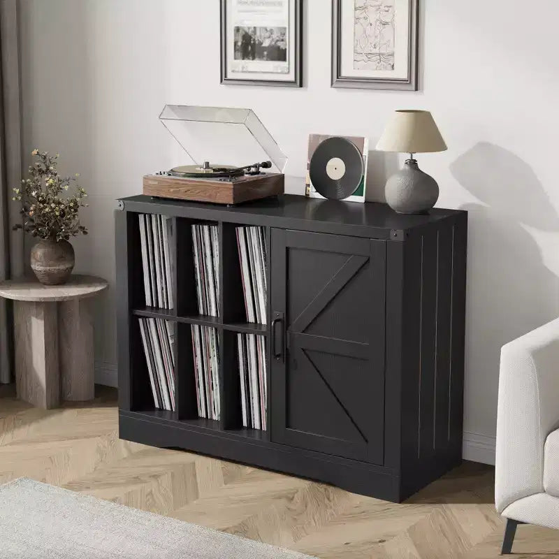 Meuble pour tourne-disque avec rangement pour vinyles, Meuble de platine de style ferme avec porte, Étagères de rangement pour vinyles, Meuble de rangement en bois pour salon, Noir