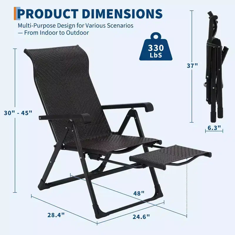 Outdoor folding rattan lounge chair, portable outdoor lounge chair, reversible outdoor footstool, PE rattan, 330 pounds, suitable for garden, balcony
