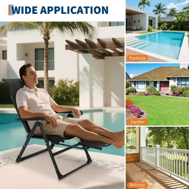 Outdoor folding rattan lounge chair, portable outdoor lounge chair, reversible outdoor footstool, PE rattan, 330 pounds, suitable for garden, balcony