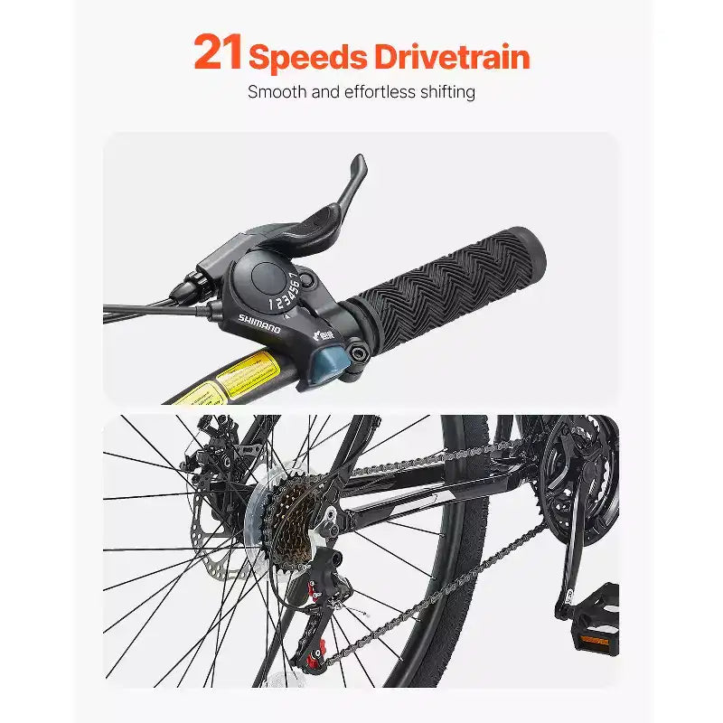 VEVOR Mountain Bike, 29-inch MTB Bicycle with Front Suspension, 21-Speed SHIMANO Twist Shifter, Dual Disc Brakes, Aluminum Alloy Frame,Black